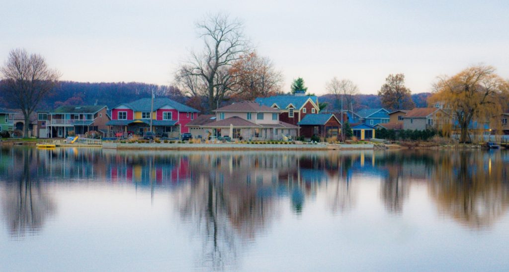 Winter reflection on Pine Lake in La Porte Indiana lakefront homes